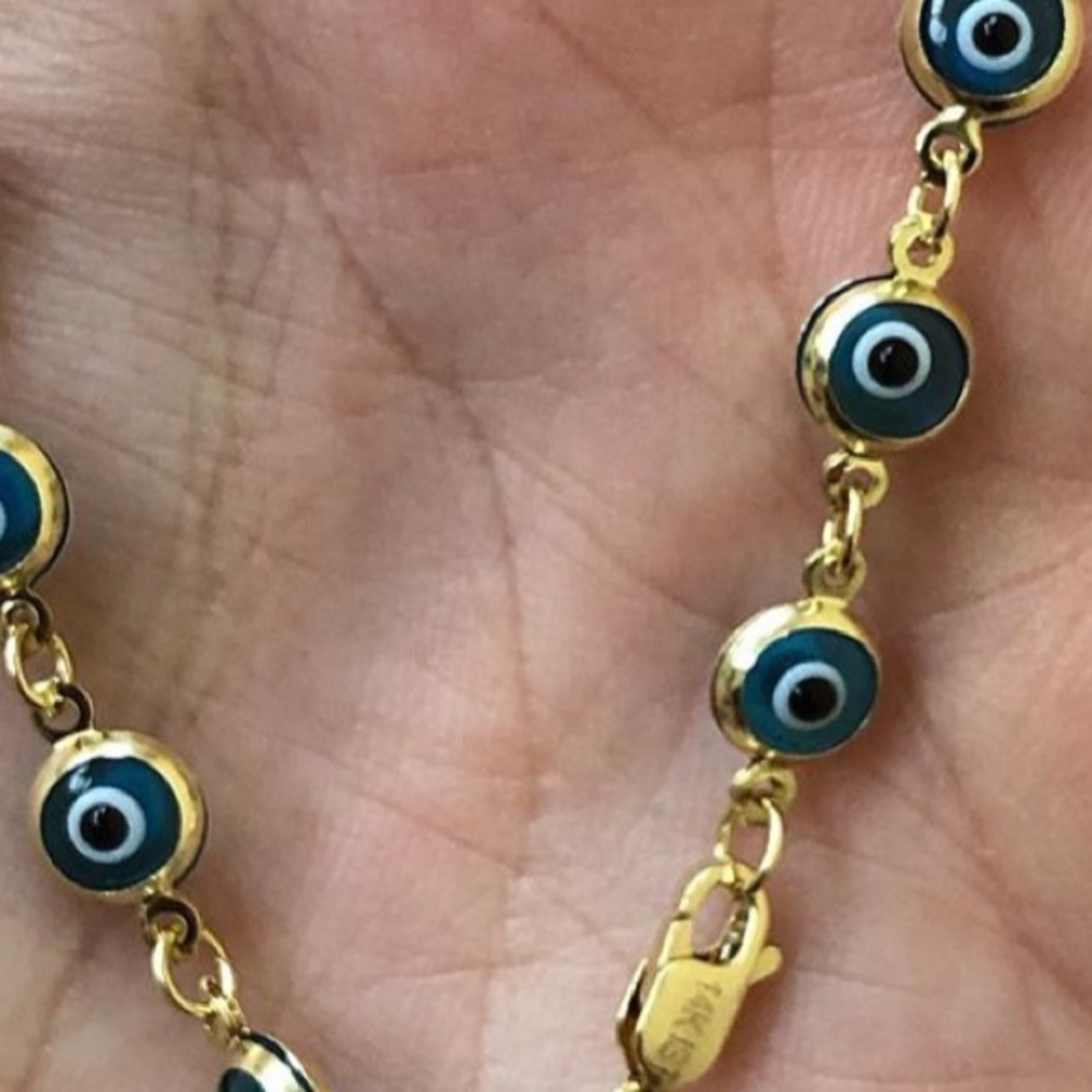 14K Solid Yellow Gold Evil Eye Blue Bracelet 7" in - Picture 13 of 14